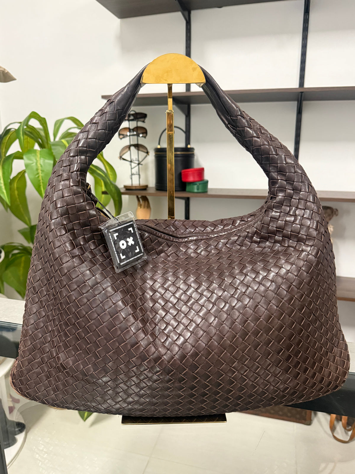 Intrecciato Medium Hobo Dark Brown Shoulder Bag Nappa Leather