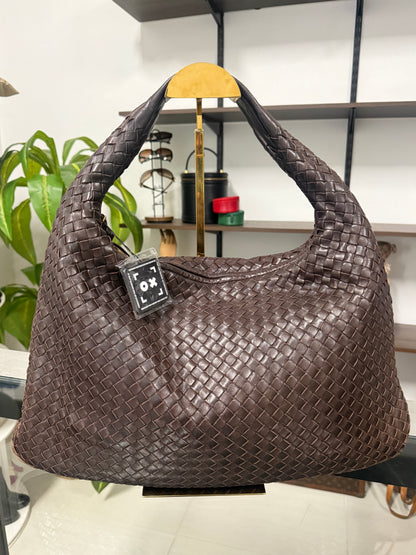 Intrecciato Medium Hobo Dark Brown Shoulder Bag Nappa Leather
