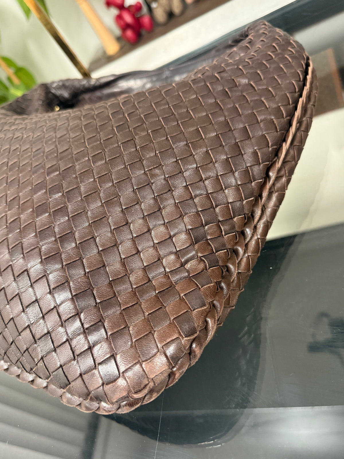 Intrecciato Medium Hobo Dark Brown Shoulder Bag Nappa Leather