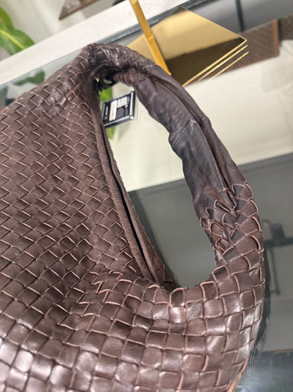 Intrecciato Medium Hobo Dark Brown Shoulder Bag Nappa Leather