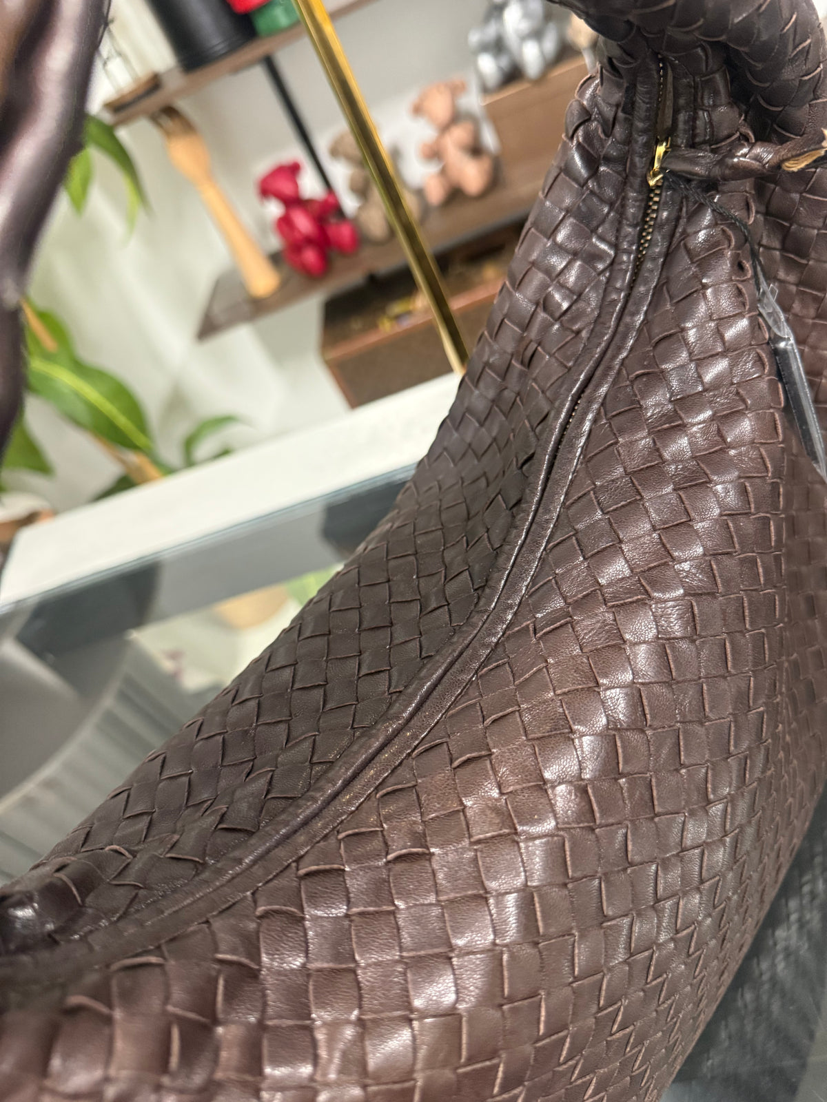 Intrecciato Medium Hobo Dark Brown Shoulder Bag Nappa Leather