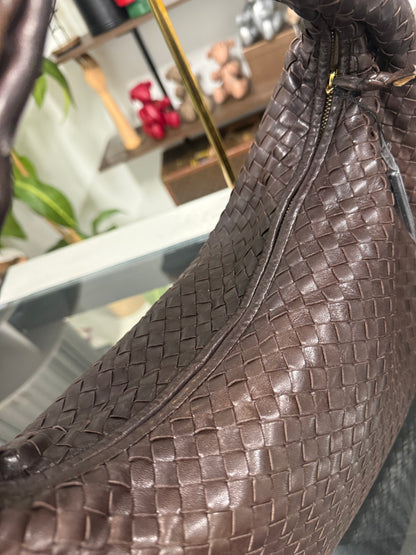 Intrecciato Medium Hobo Dark Brown Shoulder Bag Nappa Leather