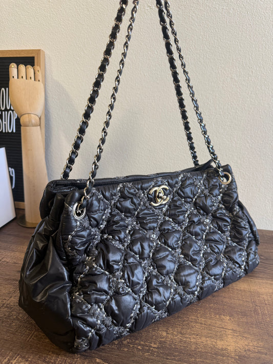CHANEL Nylon Quilted Tweed Stitch Bubble Tote Black SHW
