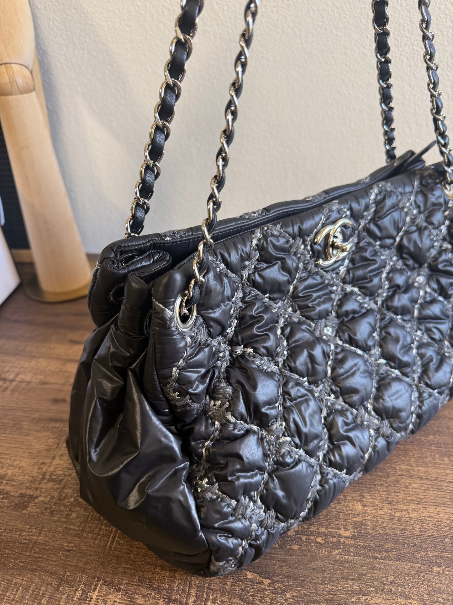 CHANEL Nylon Quilted Tweed Stitch Bubble Tote Black SHW