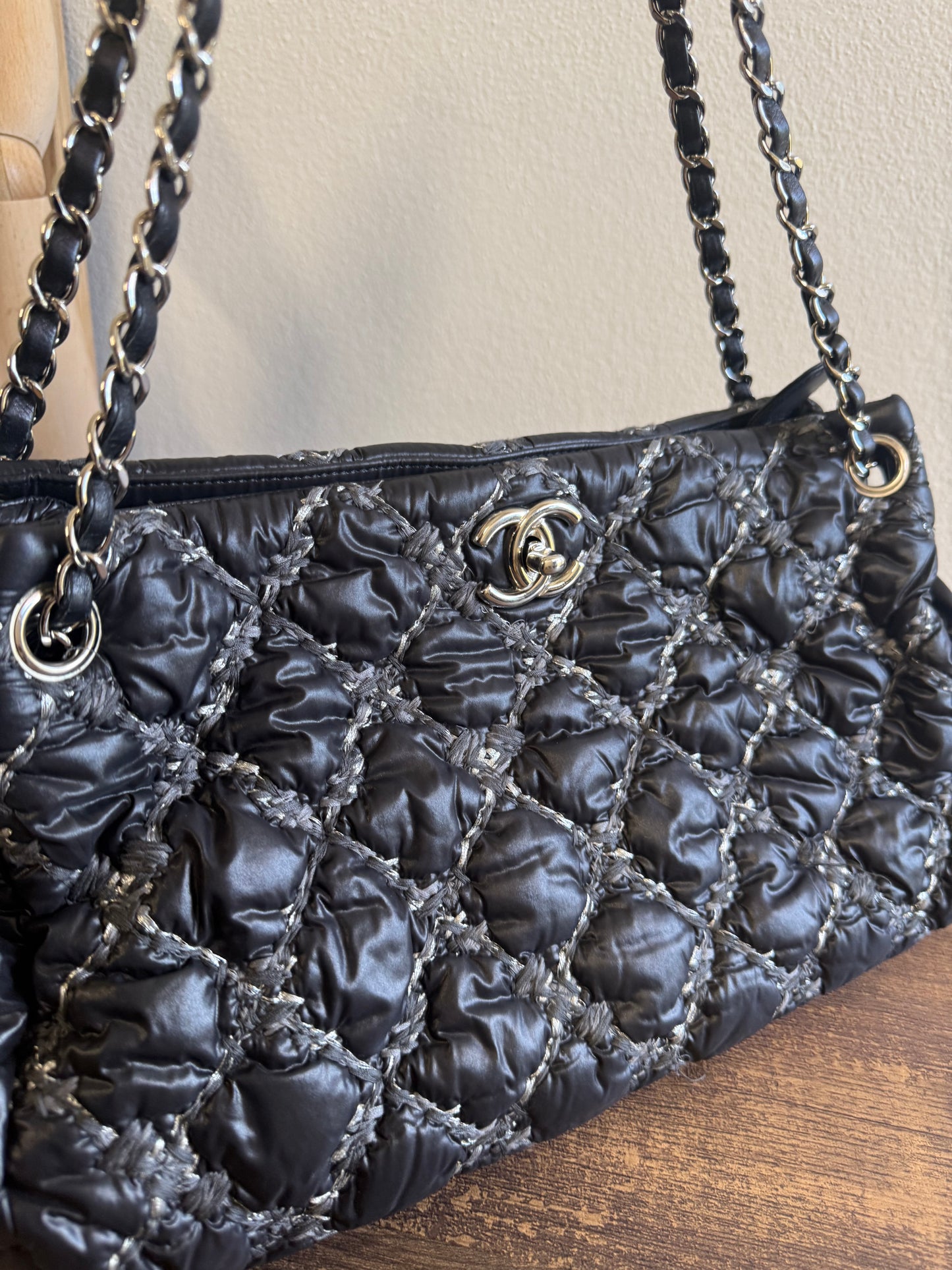 CHANEL Nylon Quilted Tweed Stitch Bubble Tote Black SHW