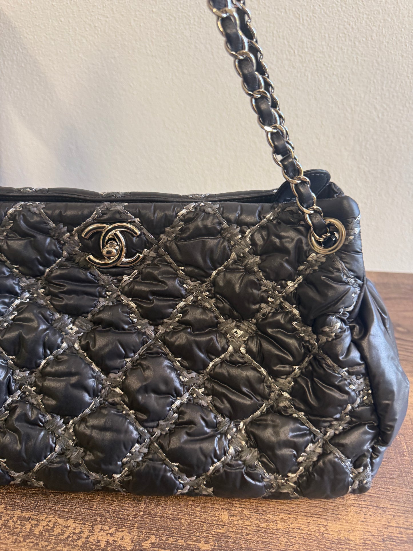 CHANEL Nylon Quilted Tweed Stitch Bubble Tote Black SHW