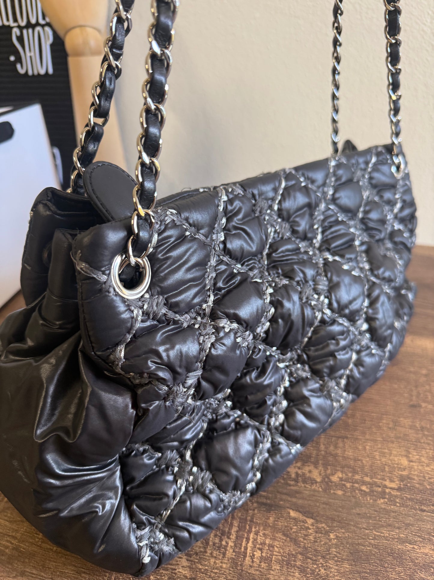 CHANEL Nylon Quilted Tweed Stitch Bubble Tote Black SHW