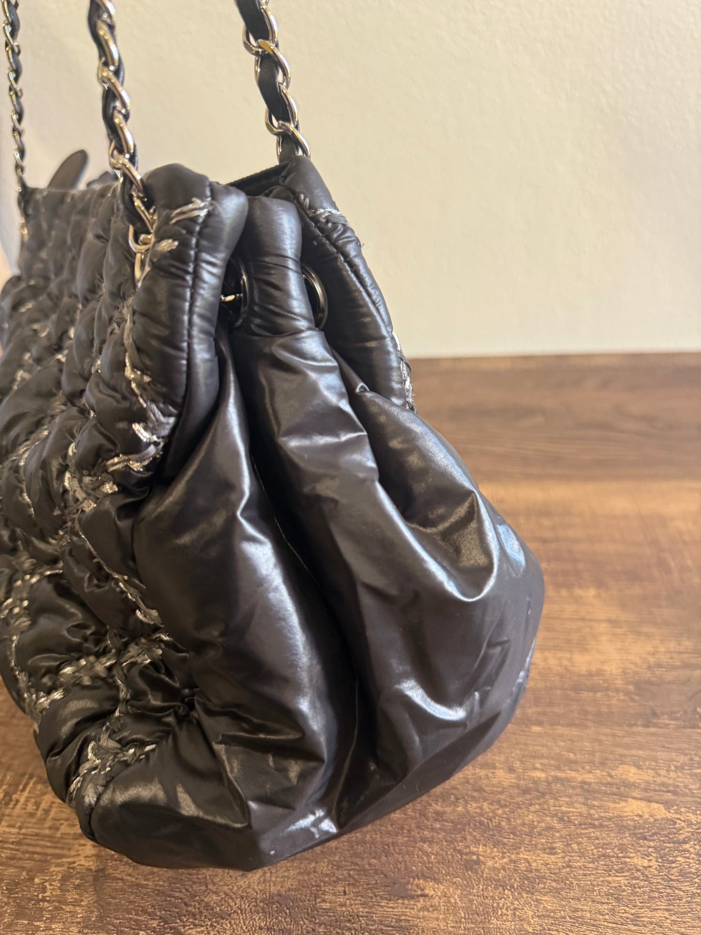 CHANEL Nylon Quilted Tweed Stitch Bubble Tote Black SHW