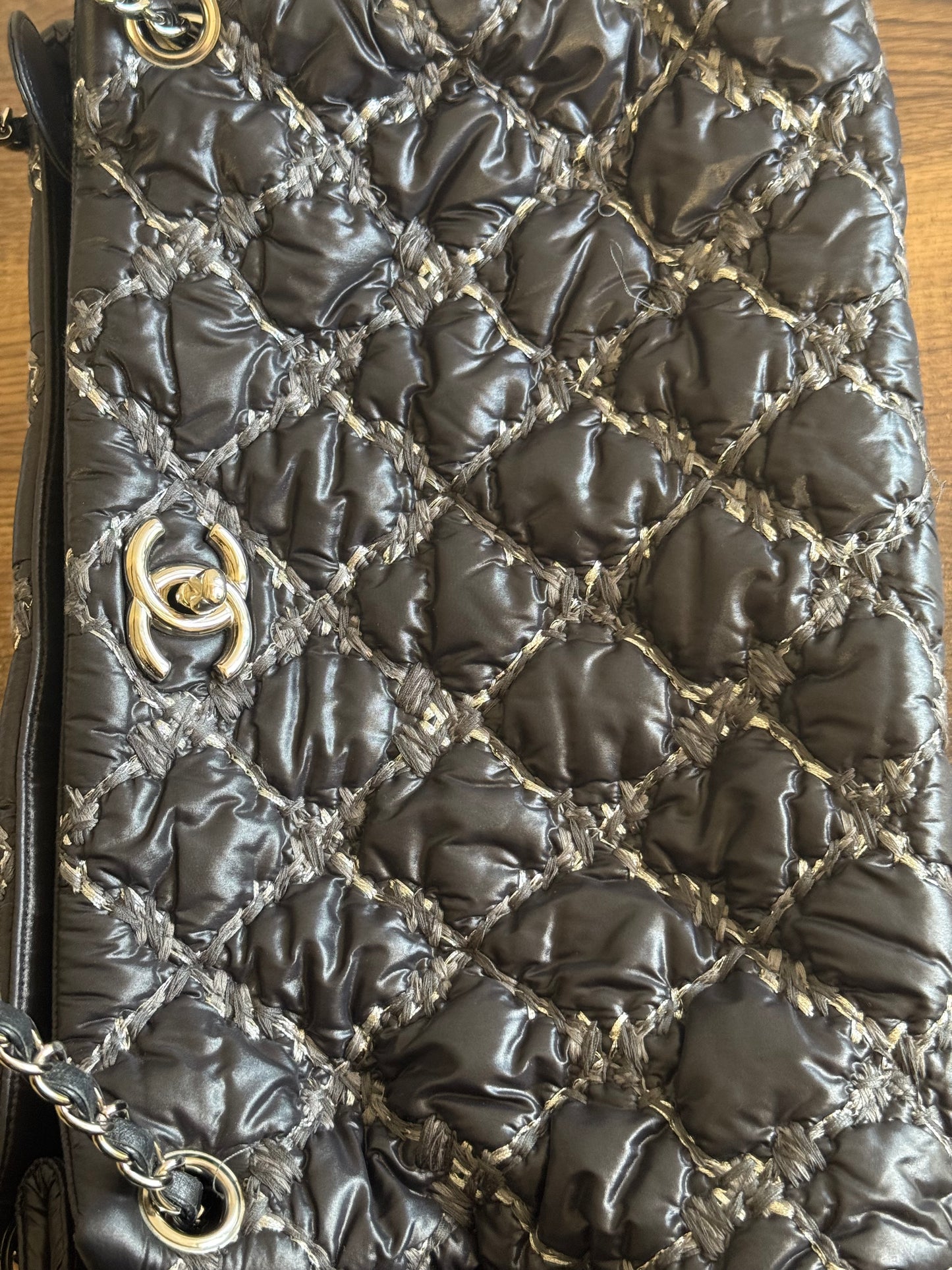 CHANEL Nylon Quilted Tweed Stitch Bubble Tote Black SHW