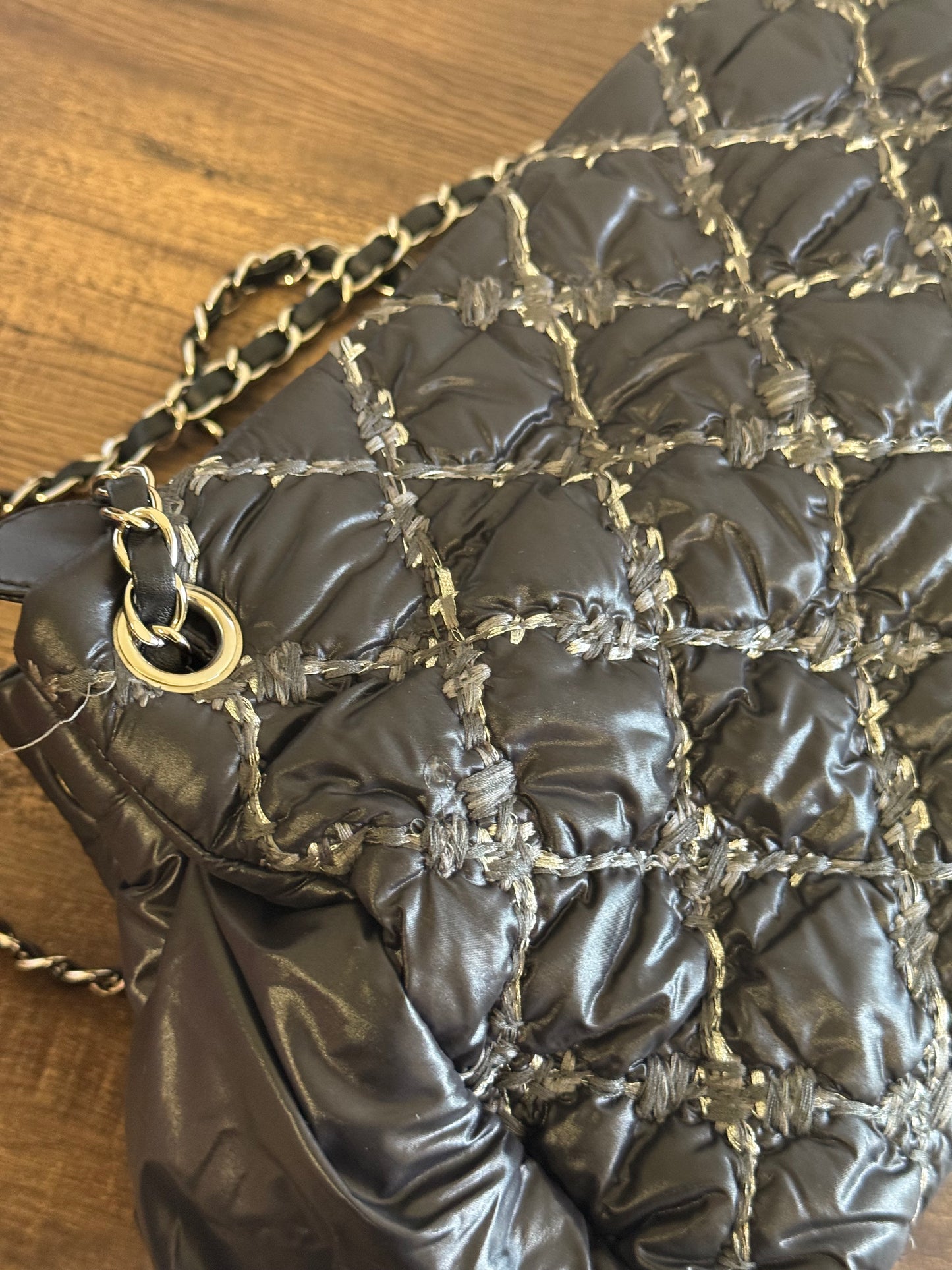 CHANEL Nylon Quilted Tweed Stitch Bubble Tote Black SHW
