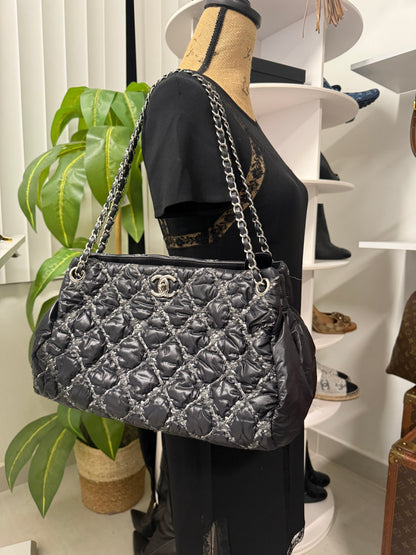 CHANEL Nylon Quilted Tweed Stitch Bubble Tote Black SHW