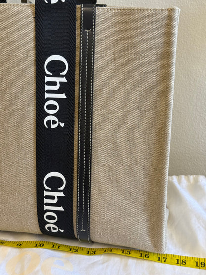 CHLOE WOODY LARGE TOTE BAG - BEIGE IN BLACK/NAVY BLUE - LINEN CANVAS