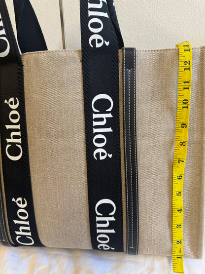 CHLOE WOODY LARGE TOTE BAG - BEIGE IN BLACK/NAVY BLUE - LINEN CANVAS