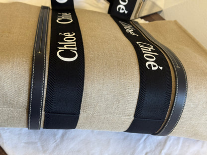 CHLOE WOODY LARGE TOTE BAG - BEIGE IN BLACK/NAVY BLUE - LINEN CANVAS