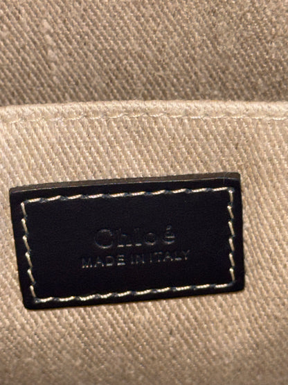 CHLOE WOODY LARGE TOTE BAG - BEIGE IN BLACK/NAVY BLUE - LINEN CANVAS
