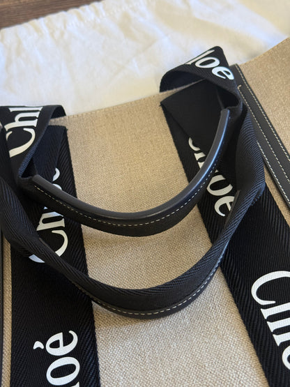 CHLOE WOODY LARGE TOTE BAG - BEIGE IN BLACK/NAVY BLUE - LINEN CANVAS
