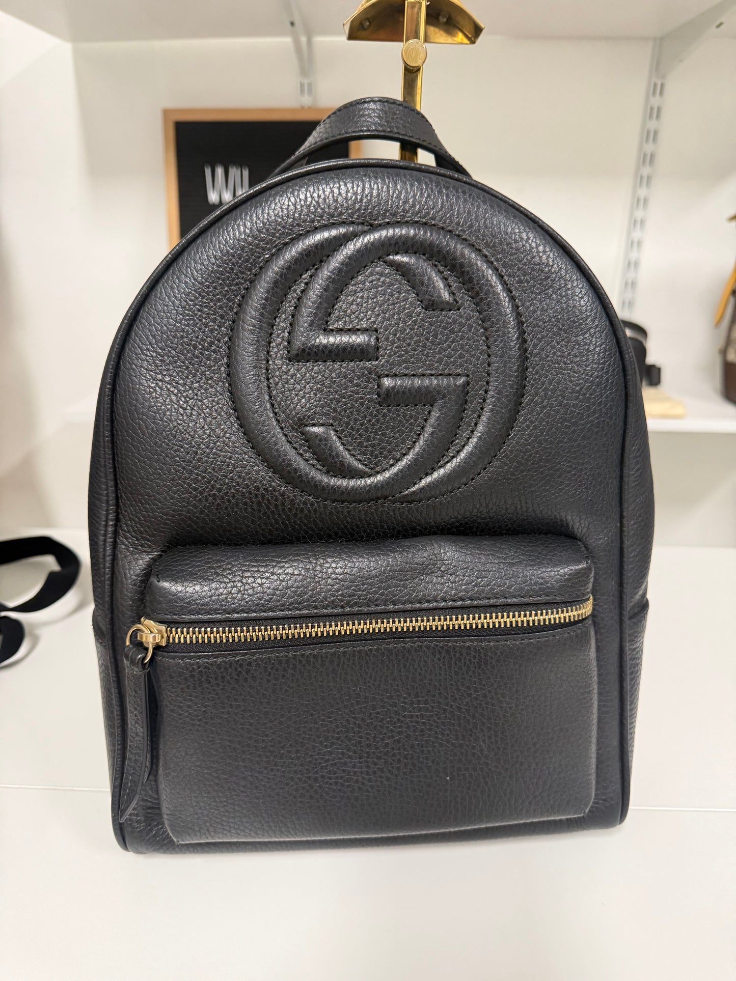 Gucci Black Pebbled Leather Soho Chain Backpack Bag