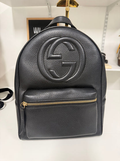 Gucci Black Pebbled Leather Soho Chain Backpack Bag