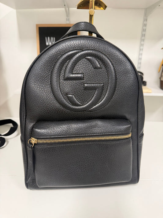 Gucci Black Pebbled Leather Soho Chain Backpack Bag