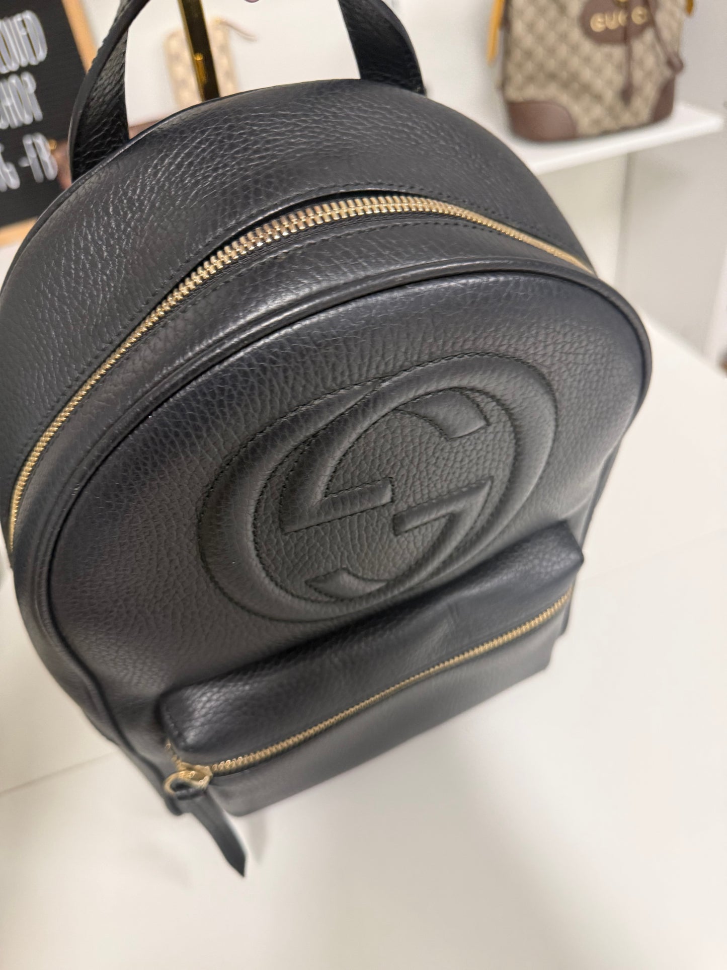 Gucci Black Pebbled Leather Soho Chain Backpack Bag
