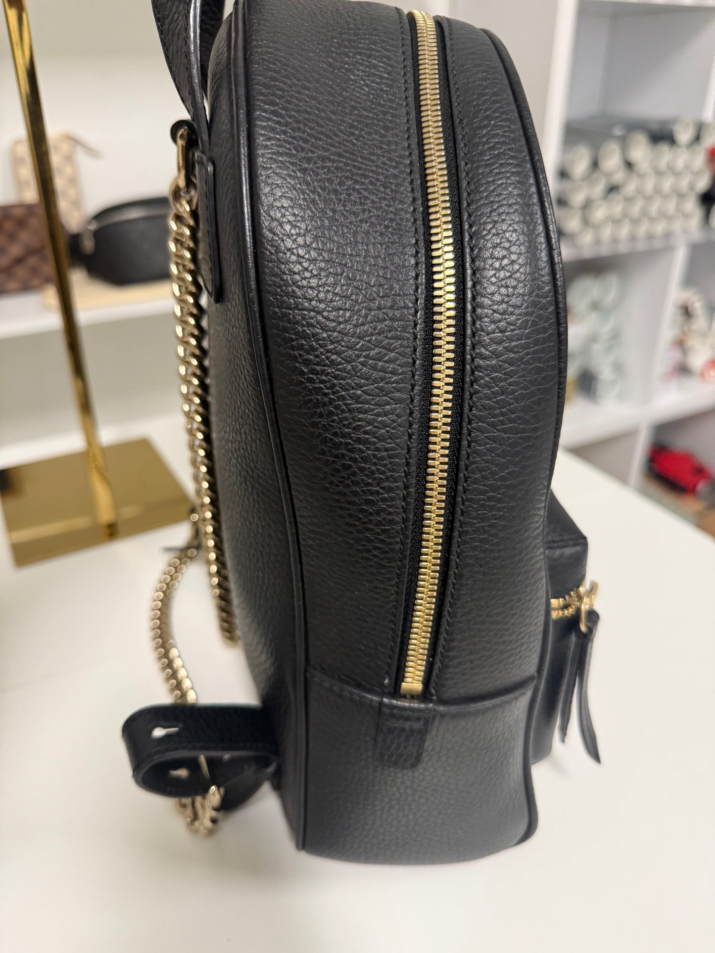 Gucci Black Pebbled Leather Soho Chain Backpack Bag