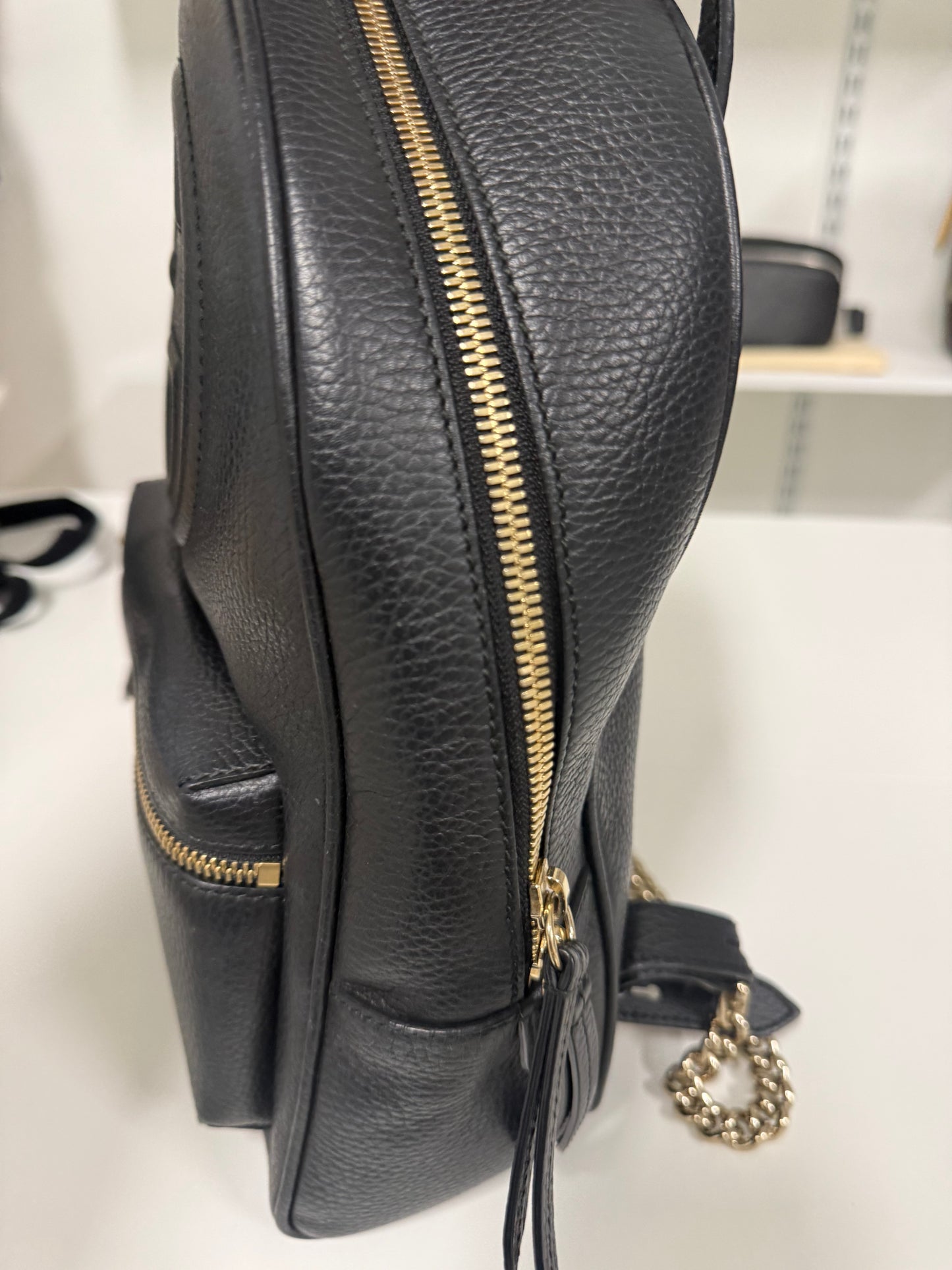 Gucci Black Pebbled Leather Soho Chain Backpack Bag