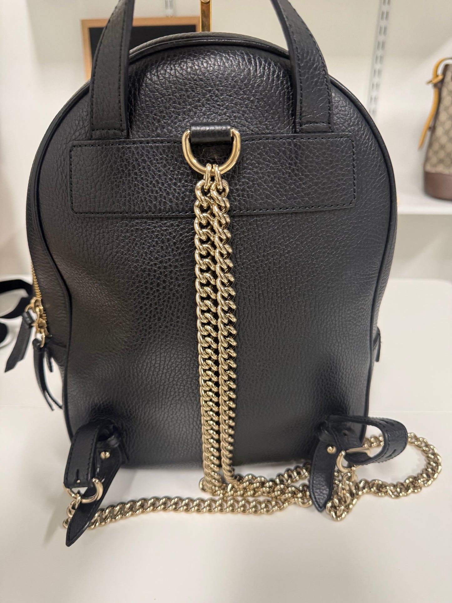 Gucci Black Pebbled Leather Soho Chain Backpack Bag