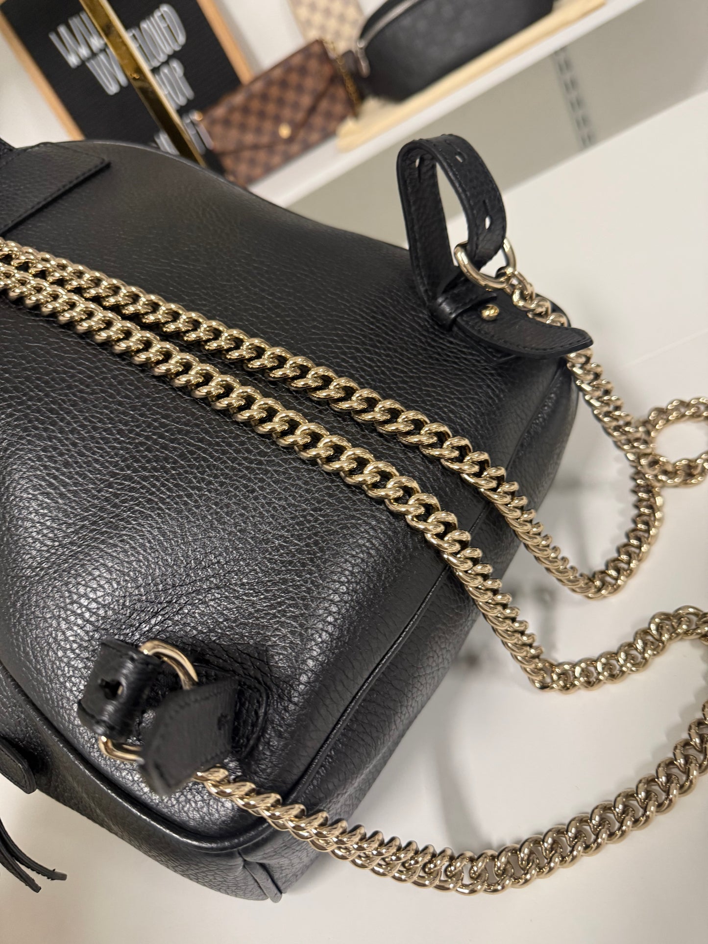 Gucci Black Pebbled Leather Soho Chain Backpack Bag