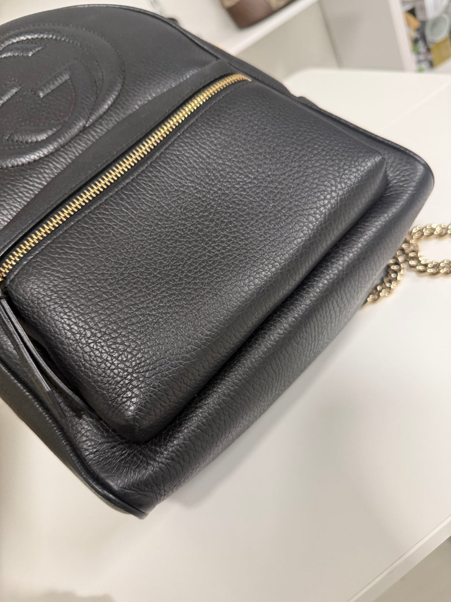 Gucci Black Pebbled Leather Soho Chain Backpack Bag