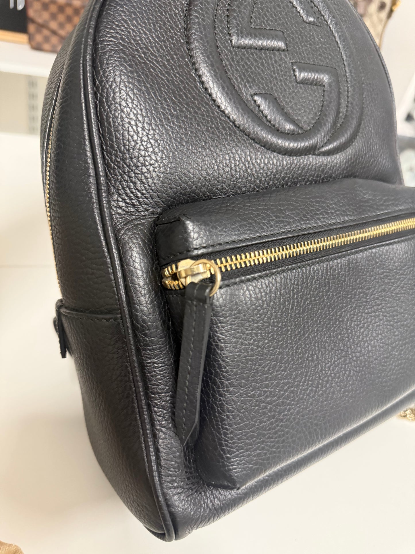 Gucci Black Pebbled Leather Soho Chain Backpack Bag