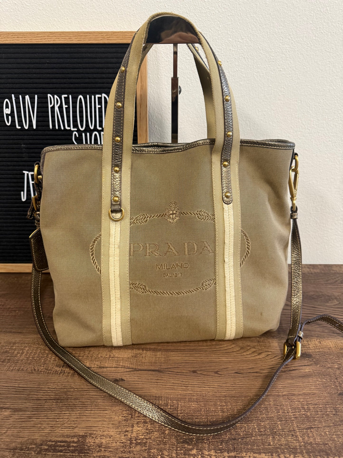 PRADA BEIGE JACQUARD CANVAS SHOULDER BAG
