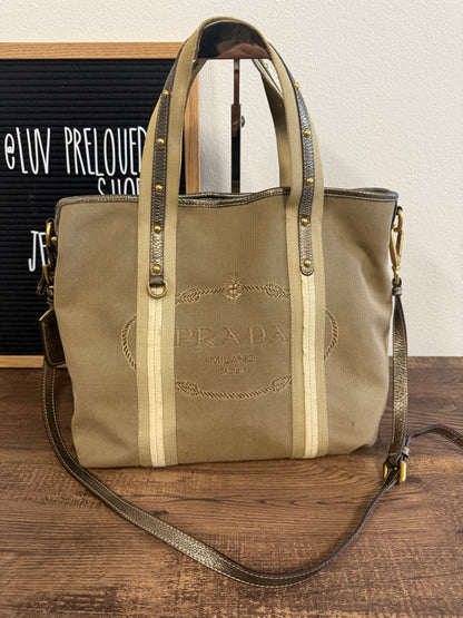 PRADA BEIGE JACQUARD CANVAS SHOULDER BAG