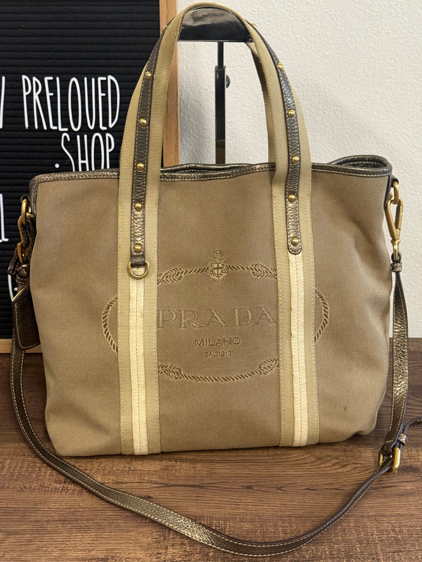 PRADA BEIGE JACQUARD CANVAS SHOULDER BAG