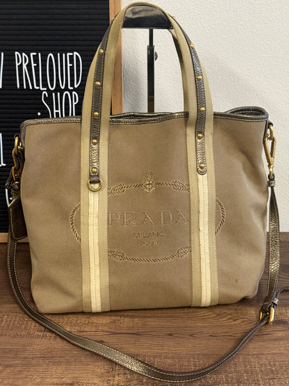 PRADA BEIGE JACQUARD CANVAS SHOULDER BAG