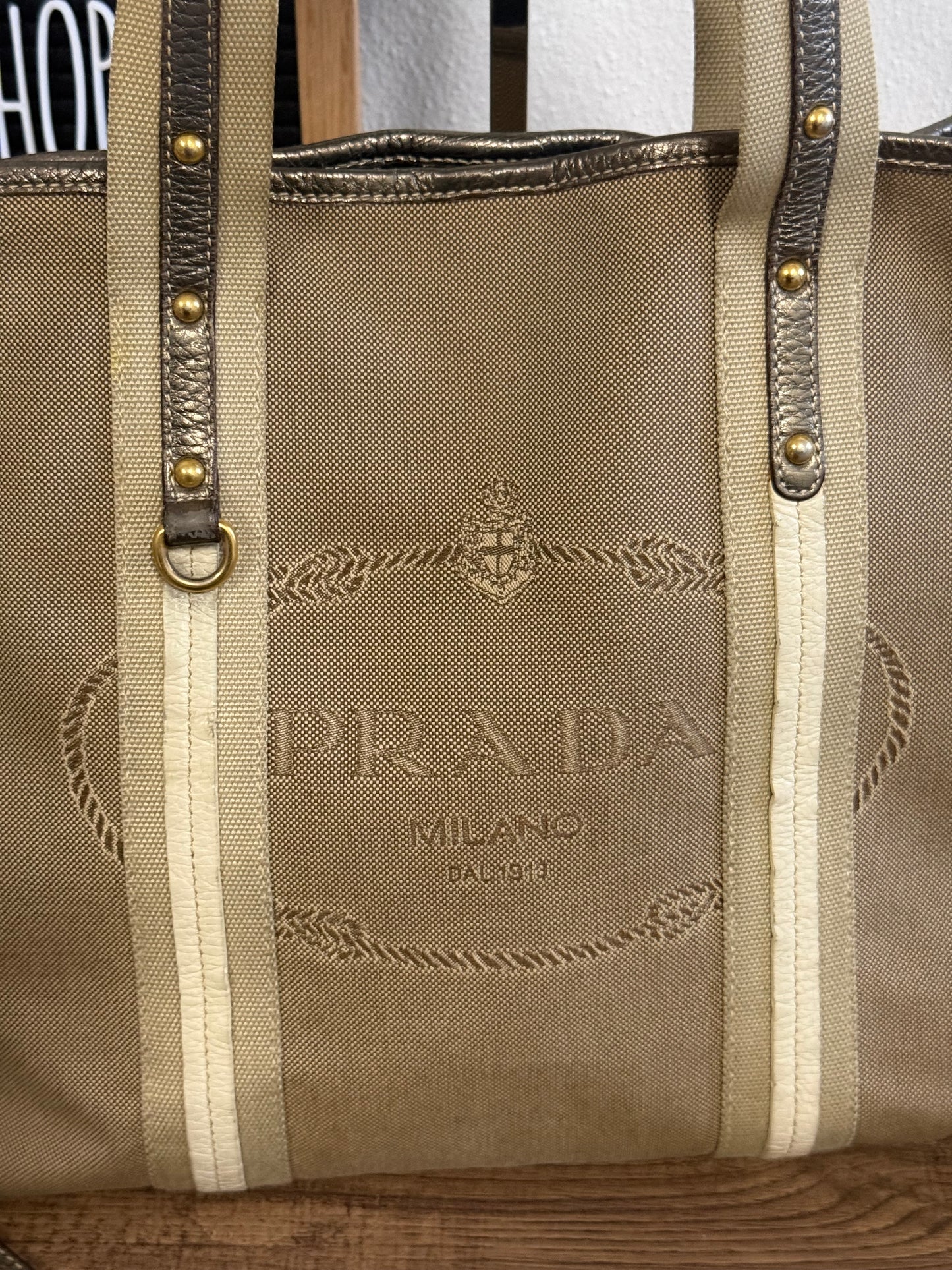 PRADA BEIGE JACQUARD CANVAS SHOULDER BAG