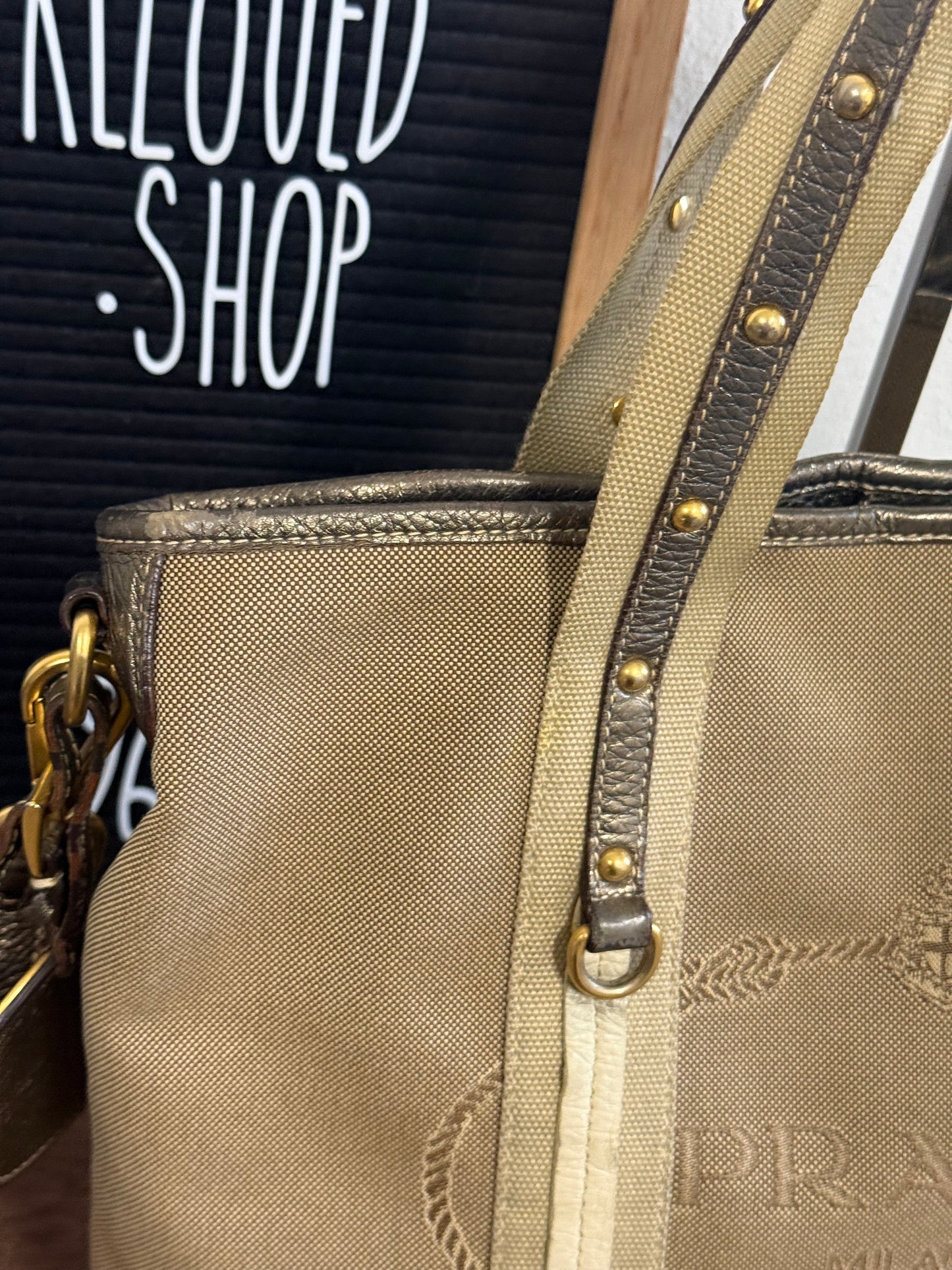 PRADA BEIGE JACQUARD CANVAS SHOULDER BAG