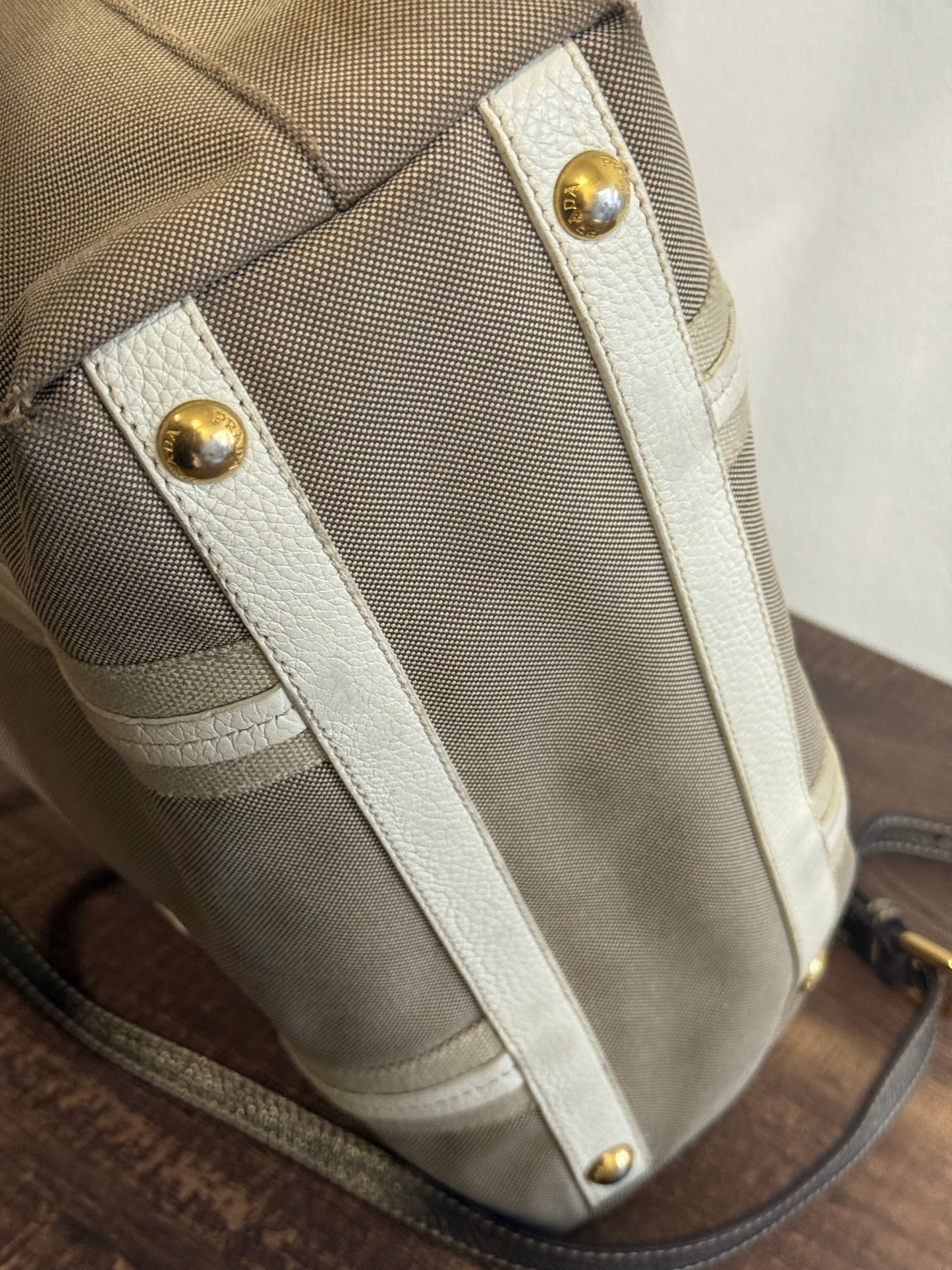 PRADA BEIGE JACQUARD CANVAS SHOULDER BAG