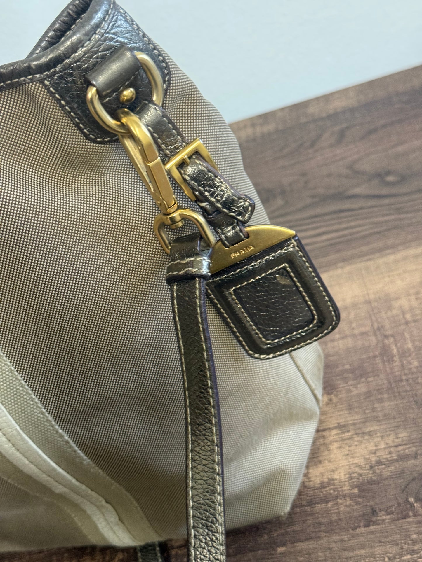 PRADA BEIGE JACQUARD CANVAS SHOULDER BAG