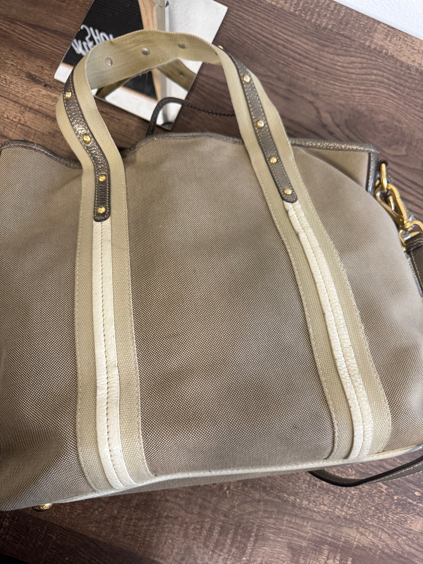 PRADA BEIGE JACQUARD CANVAS SHOULDER BAG