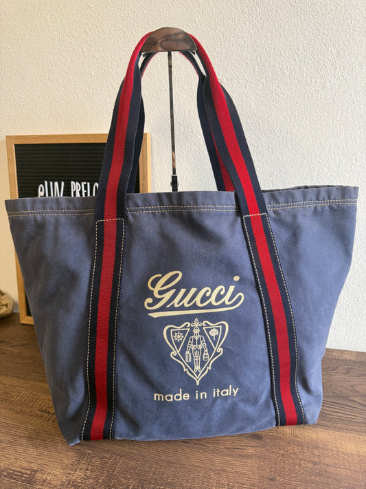GUCCI BLUE CANVAS LOGO LARGE TOTE BAG
