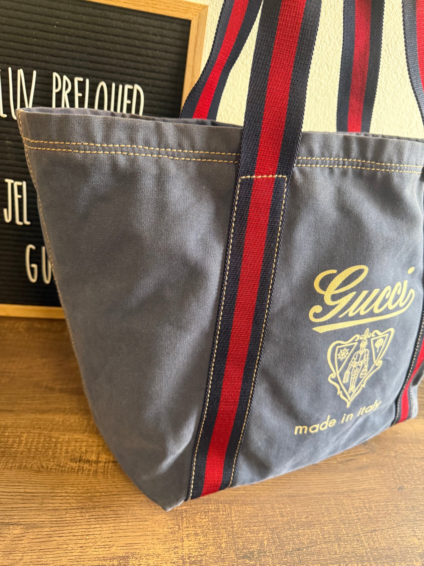 GUCCI BLUE CANVAS LOGO LARGE TOTE BAG
