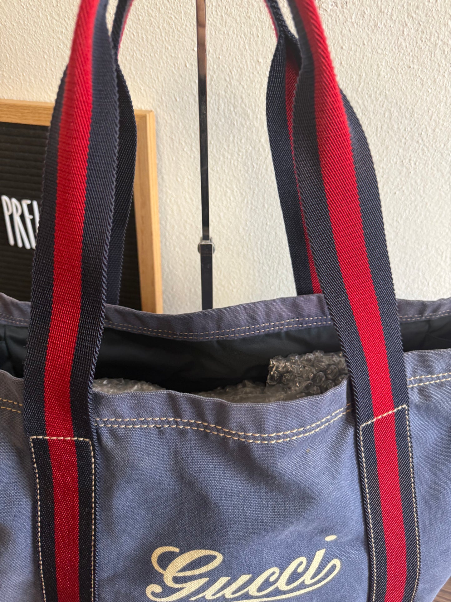 GUCCI BLUE CANVAS LOGO LARGE TOTE BAG