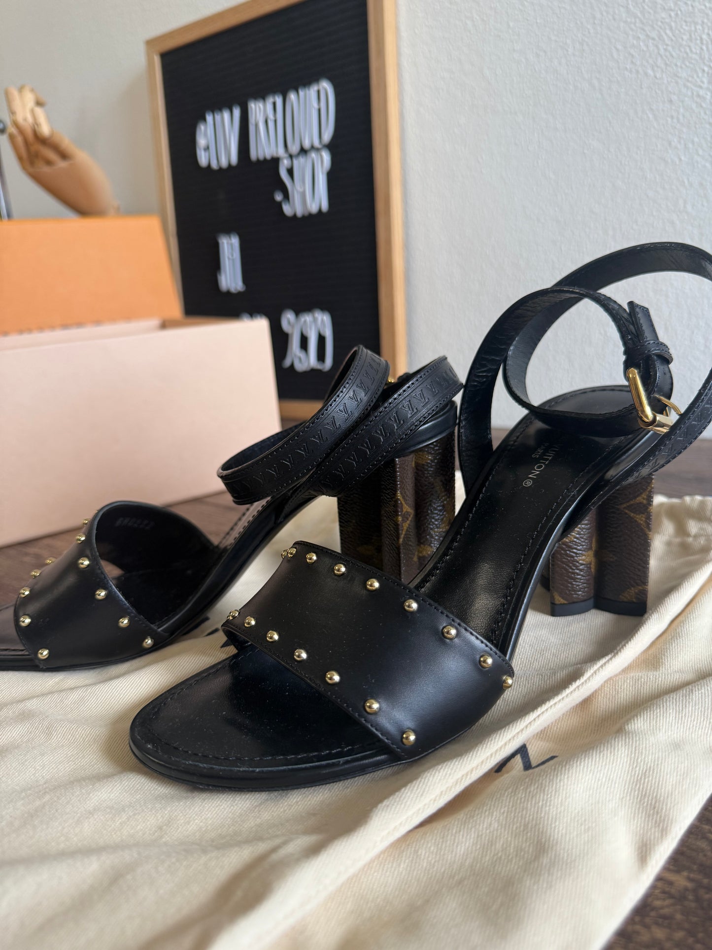 Louis Vuitton Black Leather and Monogram Canvas Silhouette Sandals Size 36.5