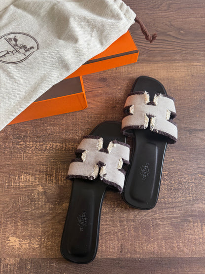 HERMES Purnoir canvas ORAN TOILE H FRINGE Sandals Shoes 38