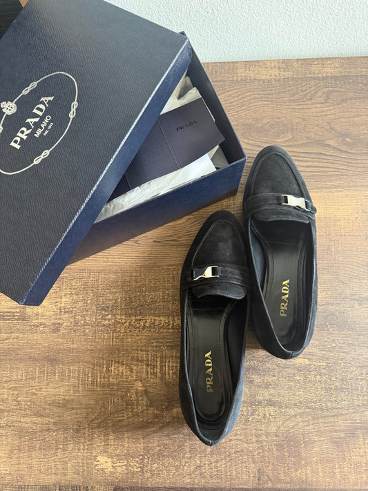PRADA BLACK SUEDE LOAFERS SIZE 38