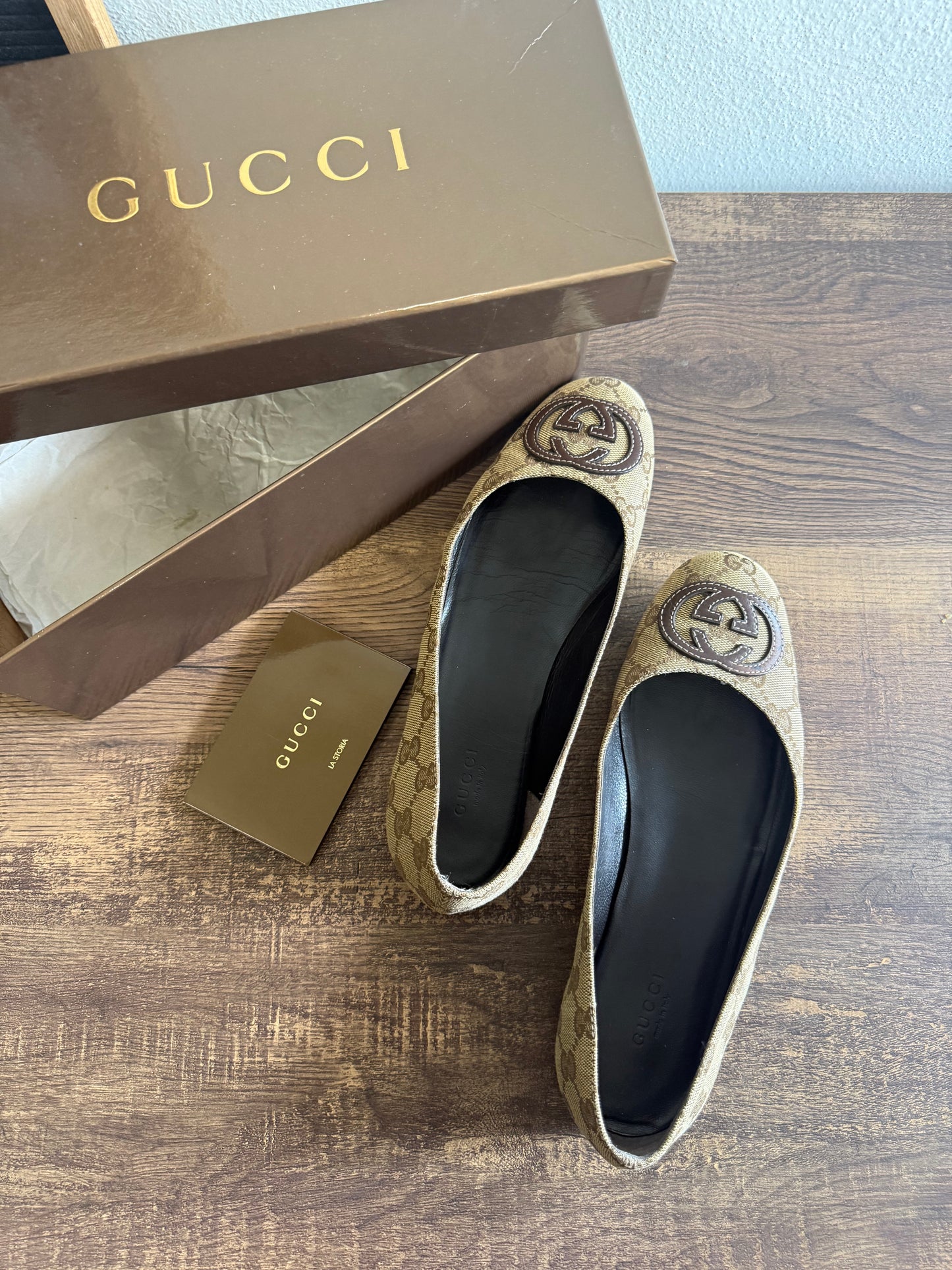 GUCCI Beige/Ebony GG Monogram Fabric Ballerina Flats Size 38