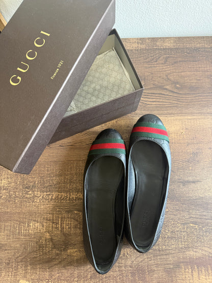 GUCCI Black Leather Vintage Web Ballet Flats Size 38