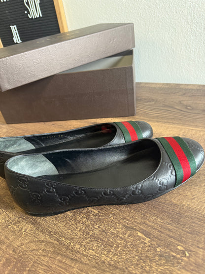 GUCCI Black Leather Vintage Web Ballet Flats Size 38