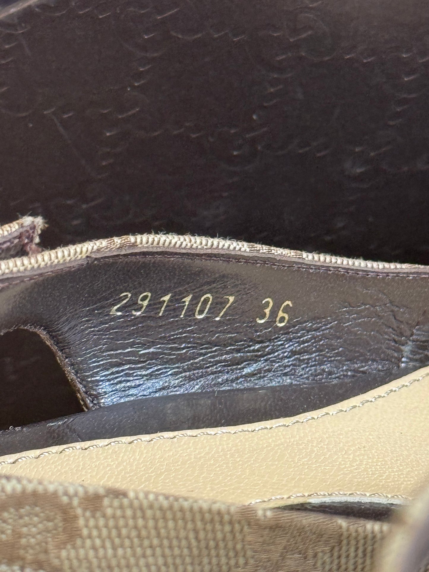 GUCCI BROWN MONOGRAM CANVAS AND LEATHER SLINGBACK WEDGE PUMPS SIZE 36