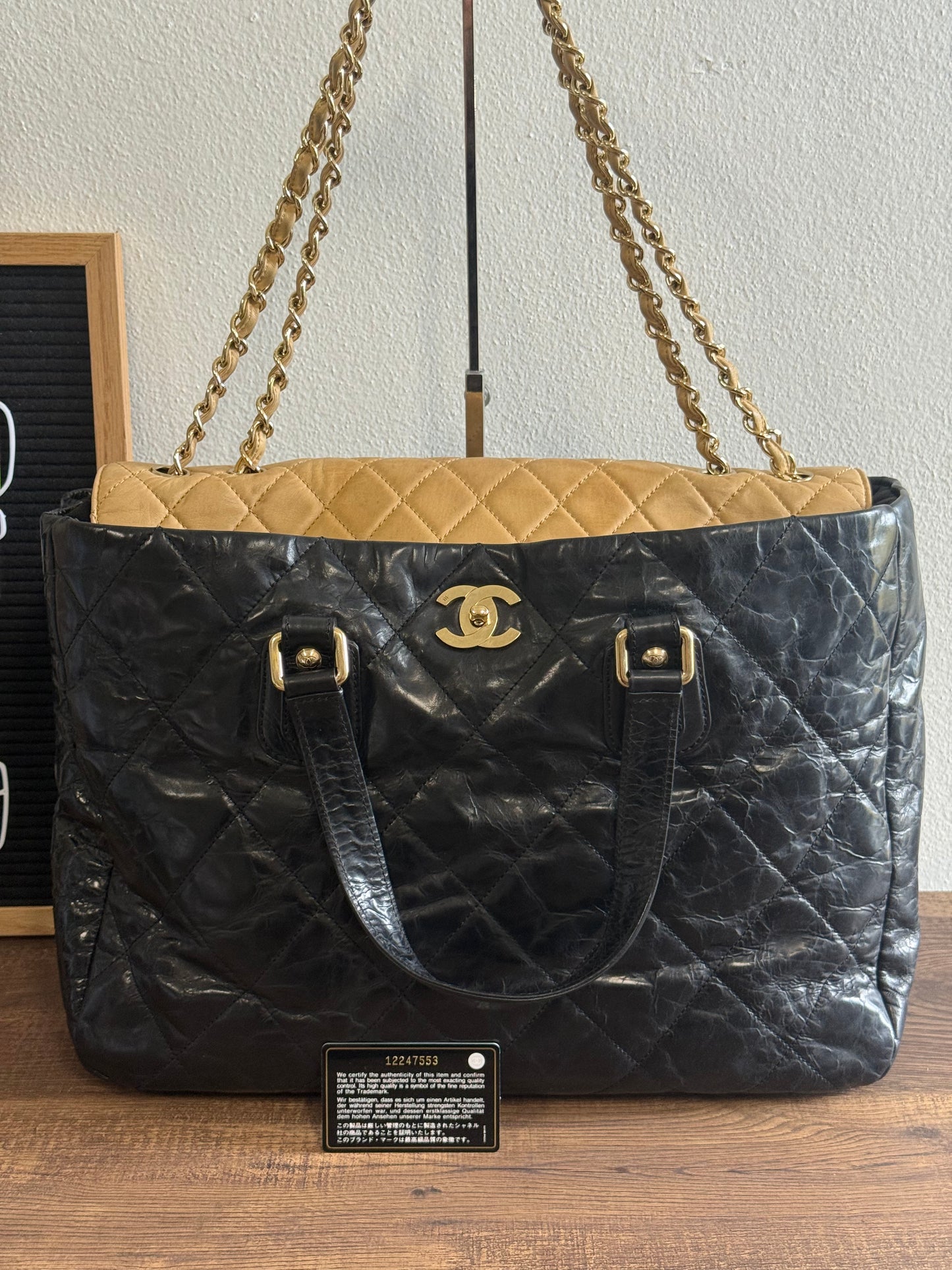 CHANEL Portobello Distressed Leather Tote Black Beige Flap